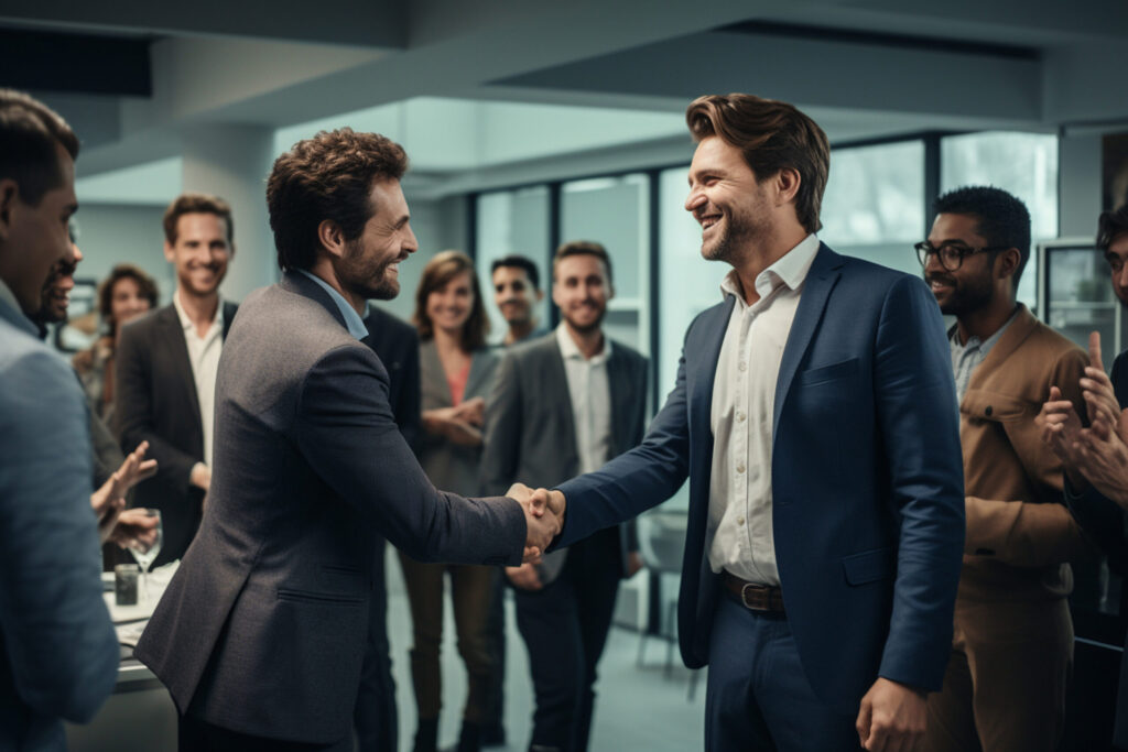 A new male employee gets a warm welcome from an office manager and other staff on the first day of a meeting, a welcome celebrating party for new staff at an office company. Generative AI.